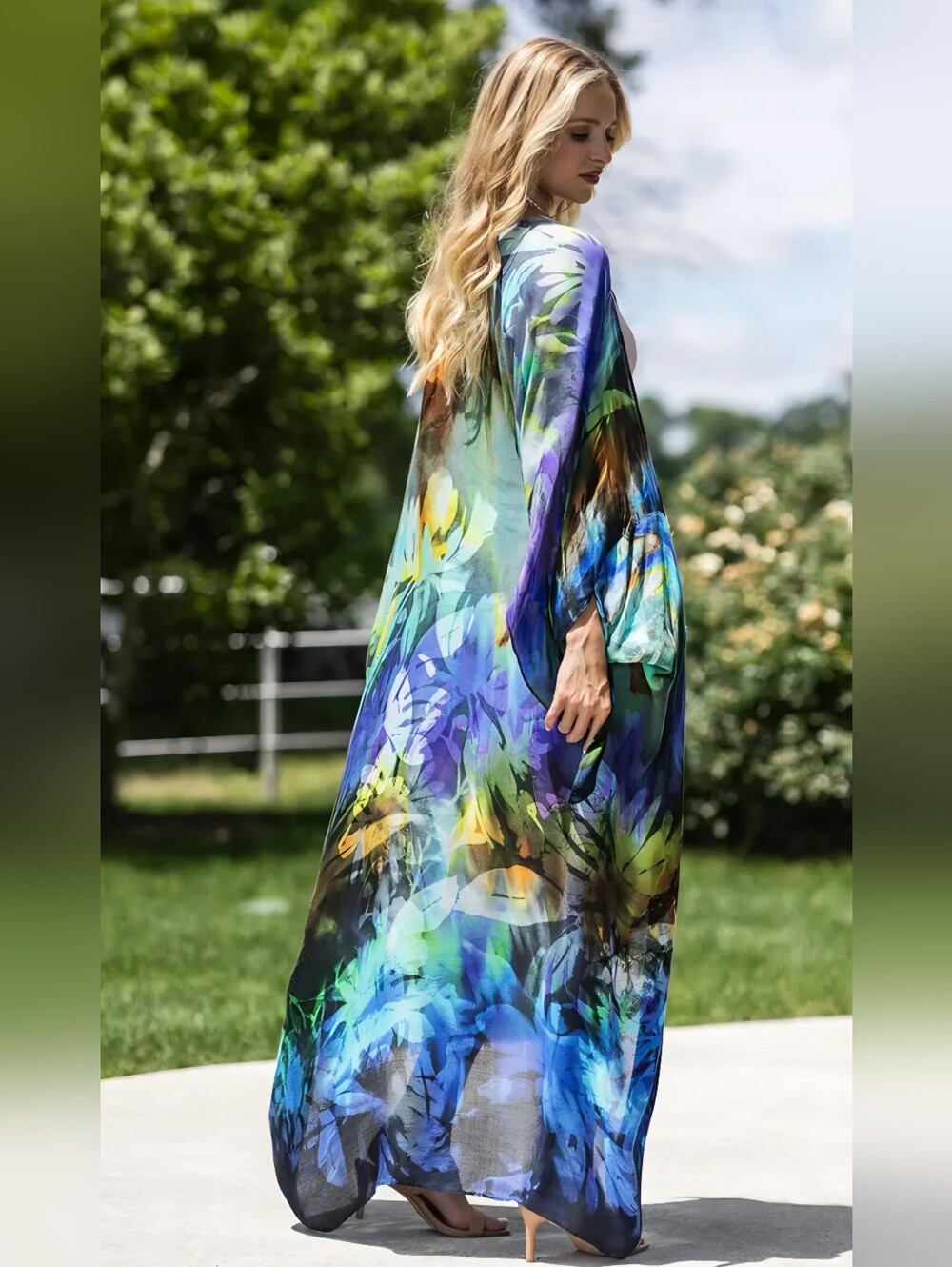 1140 Abstract Floral Maxi Kimono Dress - Blue & Green - Picture 3 of 4